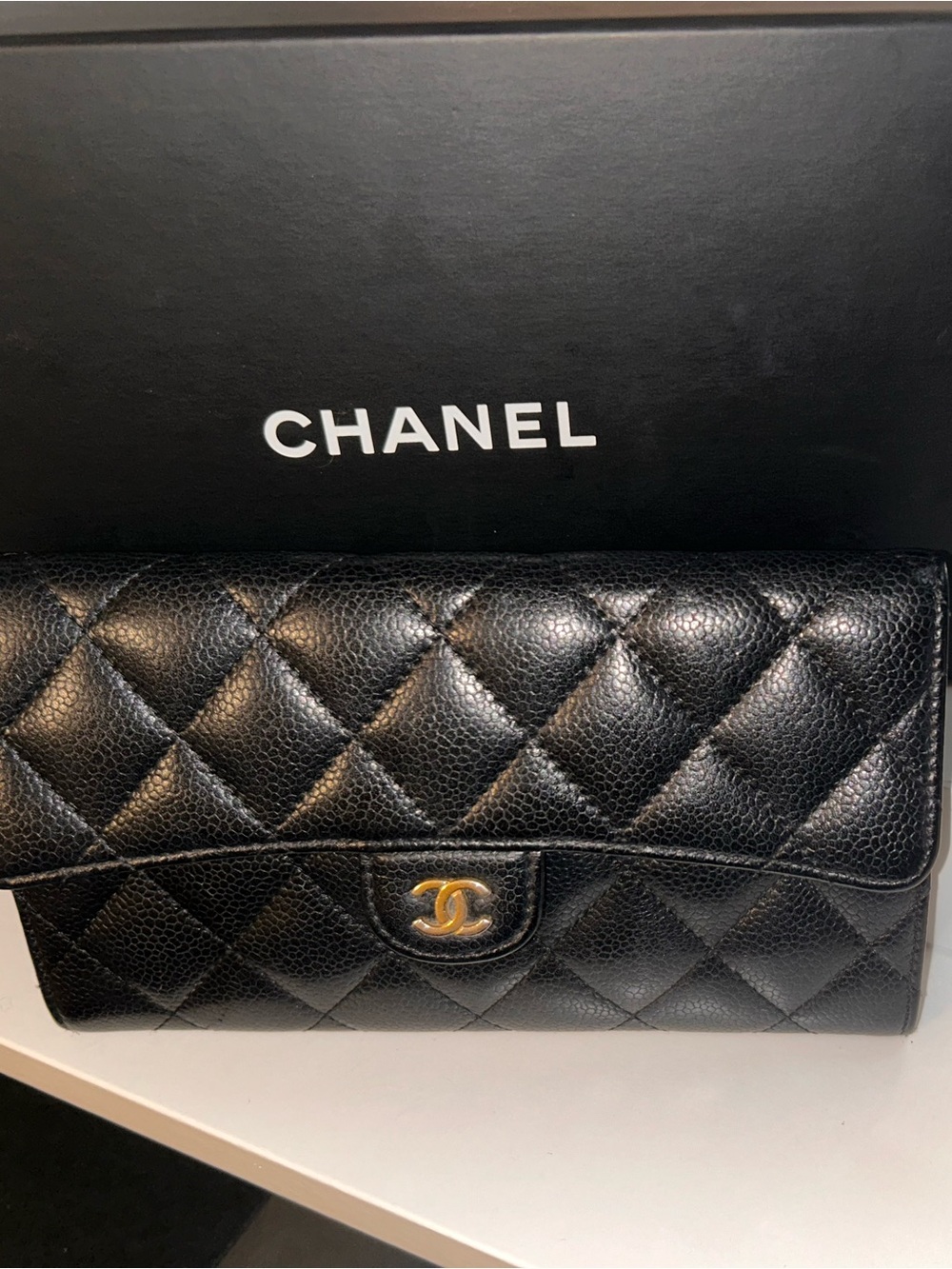 CHANEL Black Quilted Caviar Leather Wallet / CC Logo / Flap / COLLECTOR’s PIECE